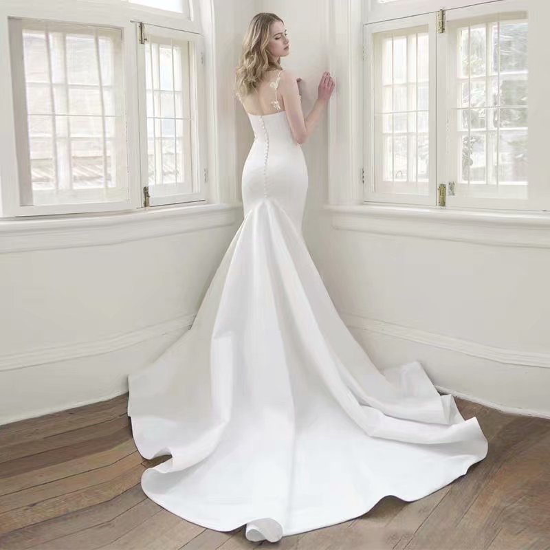 Vestido de Novia Nuevo, Estilo Europeo y Americano, para Comercio Exterior en Amazon y AliExpress, sin Tirantes, Sexy, con Tirantes Finos, Ajustado, con Cola de Pez, para Banquete