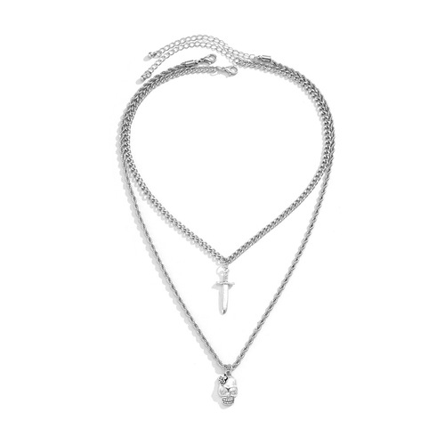 European and American cross-border jewelry, simple geometric versatile metal necklace, personalized dagger skull double-layer necklace for women
