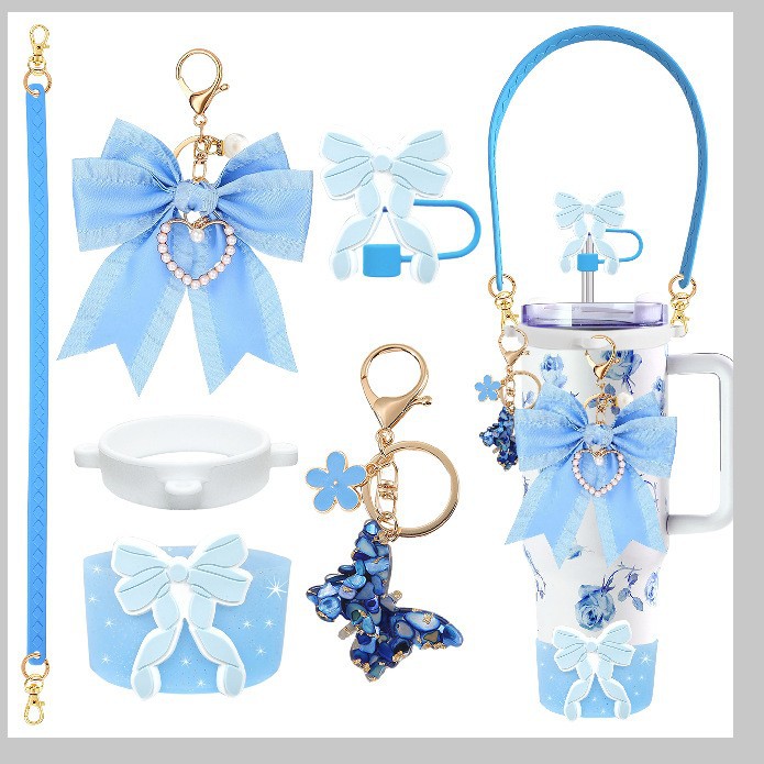 Accesorios de taza Stanley colgante de cuerda de mano flor de silicona gorra de paja de peluche colgante de taza cadena de taza de color cubierta de taza