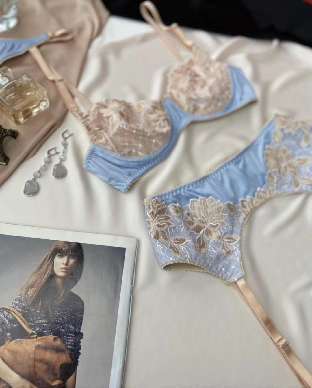 Timeless Allure: Blue and Champagne Vintage Vibes Lace Underwear Set