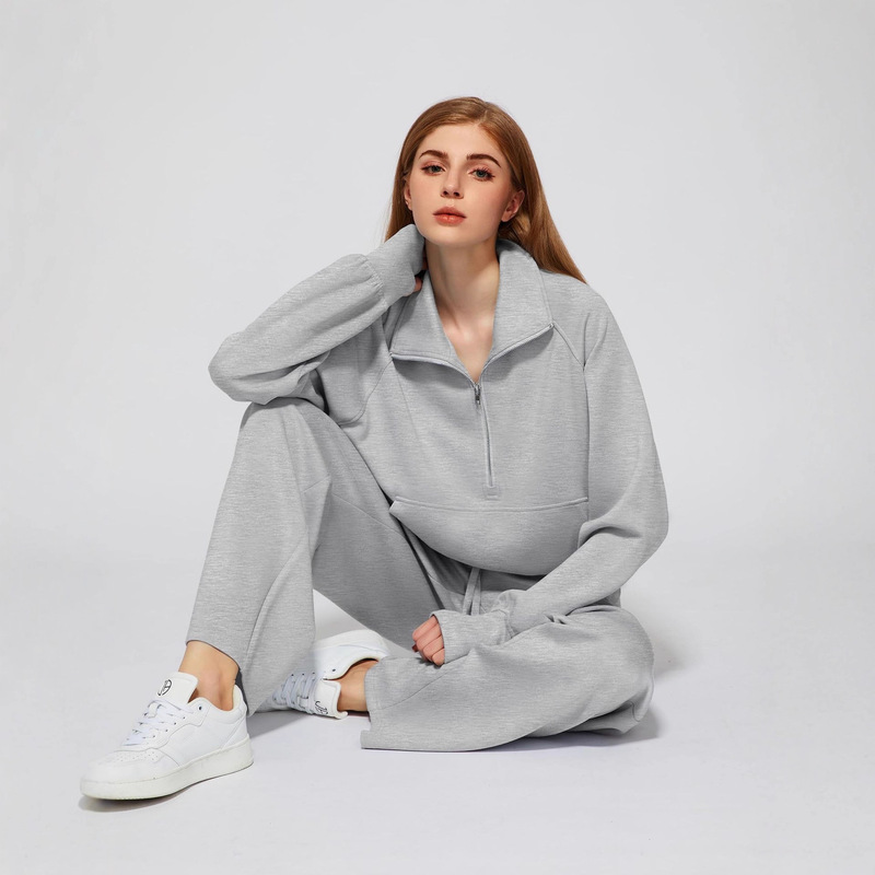 2025 European and American Cross-Border Autumn and Winter New Women's Two-Piece Oversized Half-Zip Sweatshirt Wide-Leg Casual Pants Suit