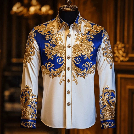 Baroque Light Luxury Printed Men's Collared Shirt, British Aristocratic Evening Formal Wear, Long-Sleeve Influencer Photo Shoot Performance Outfit Baroque Light Luxury Printed Men's Collared Shirt, British Aristocratic Evening Formal Wear, Long-Sleeve Influencer Photo Shoot Performance Outfit