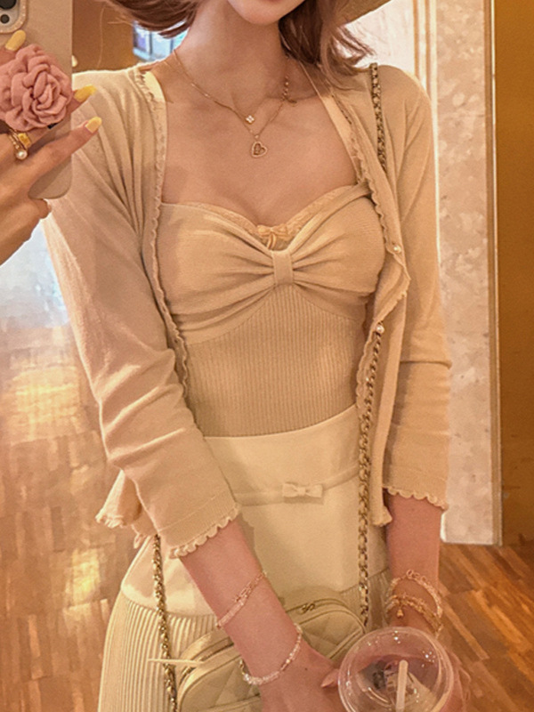 槿一/Lily's针织系列 中鼎羊毛混纺纱 蝴蝶结胸型吊带&开衫套装女|undefined