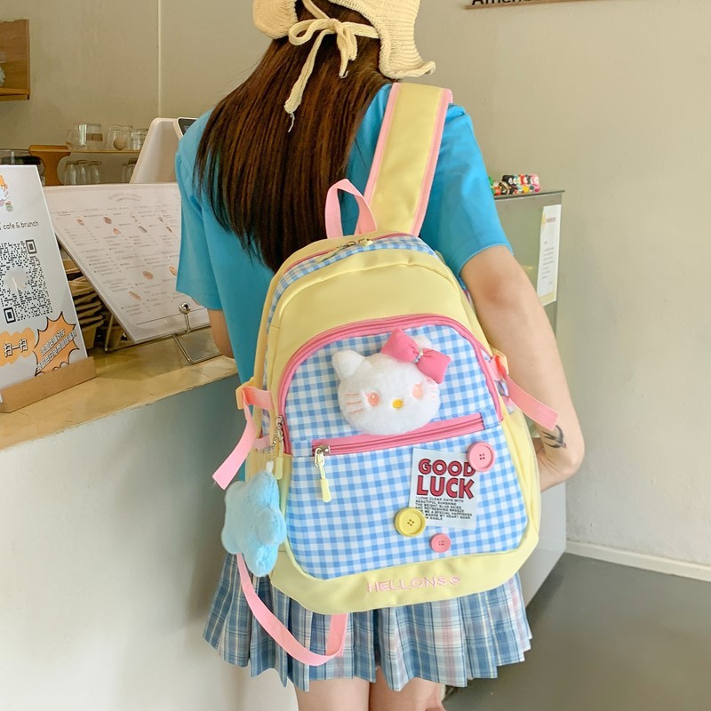 カジュアルバックパック新しい和風チェック柄かわいい大容量バックパックガーリースタイル軽量中学生スクールバッグ|undefined