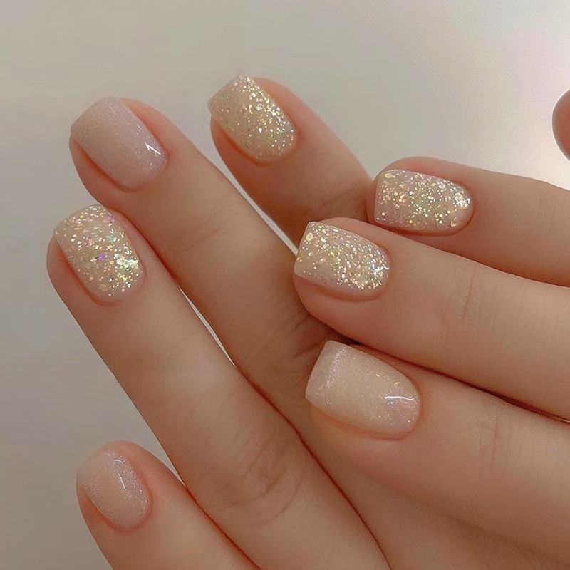French Sweet Girly Style Short Pink Glittery Vintage Nails, Detachable 24-Piece Foreign Trade Model