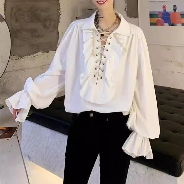Retro Cuff Collar Ruffled Drawstring Long Sleeve Shirt Men's and Women's European and American Ins Internet Popular Distinctive Court Shirt Trendy Retro Cuff Collar Ruffled Drawstring Long Sleeve Shirt Men's and Women's European and American Ins Internet Popular Distinctive Court Shirt Trendy