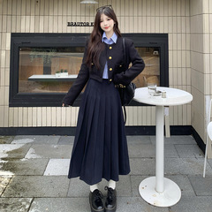 大码黑色小香风外套女秋冬季2025新款洋气韩系衬衣百褶半身裙套装