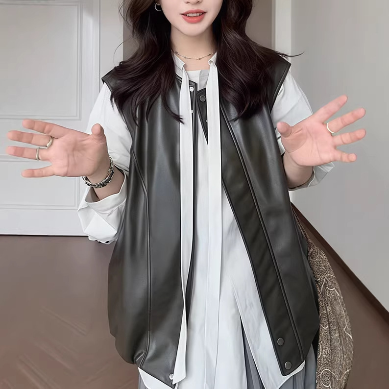 Fashionable and Stylish Stand-Collar Leather Vest for Women, 2026 Spring and Autumn New Style, Loose Fit, Slimming, Zip-Up Vest Fashionable and Stylish Stand-Collar Leather Vest for Women, 2026 Spring and Autumn New Style, Loose Fit, Slimming, Zip-Up Vest