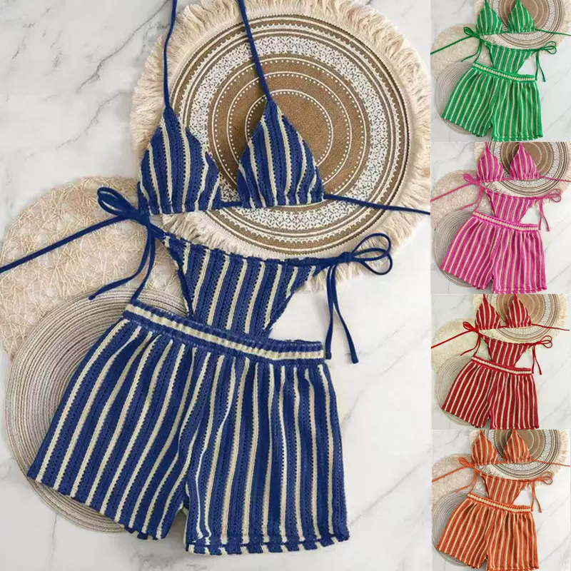 浪鑫2026新款跨境欧美网眼系带高腰多色分体泳衣比基尼三件套泳装