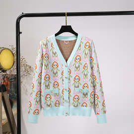 针织开衫女2021春秋新款V领卡通洋气时尚外搭披肩休闲外套上衣
