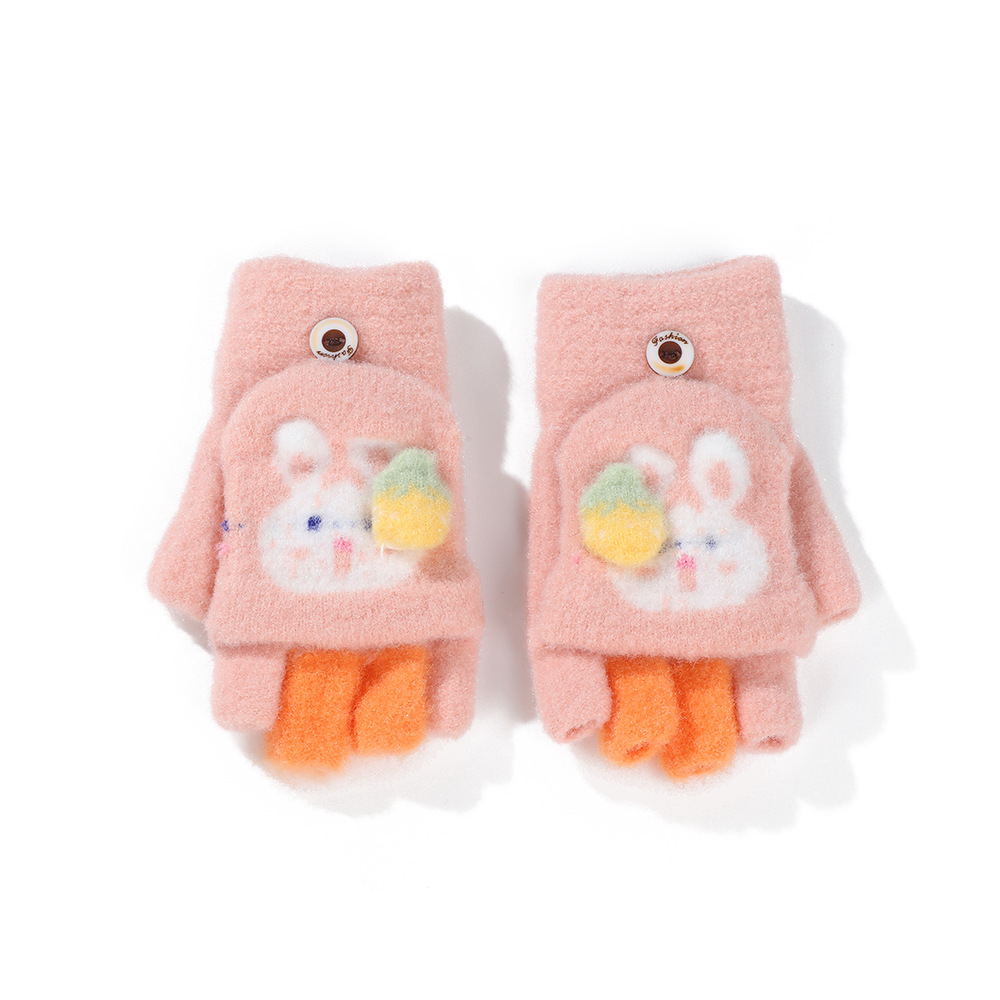 Niños guantes de conejo de orejas largas lindos y cálidos, cinco dedos, escritura de punto a prueba de frío y viento, guantes para niñas