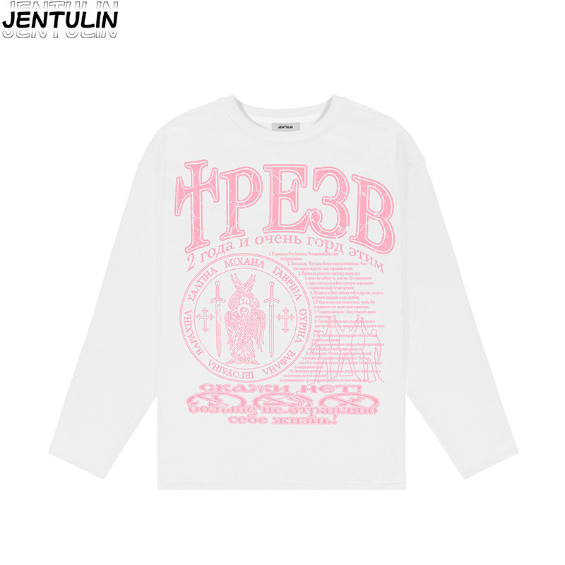 国境を越えた欧米のゆるいカジュアルな長袖tシャツピンクの甘い妹の宗教プリントのファッションブランドの丸首の純綿の頭の上着|undefined