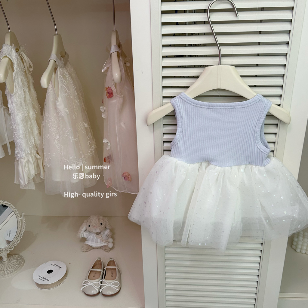 [Le En baby] 2025 verano niña azul falda de malla falda de chaleco de estilo occidental de moda falda de princesa de moda