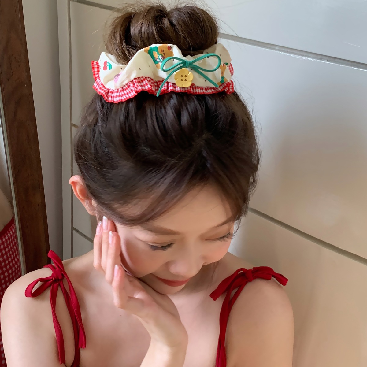 Encaje de flor coreana Encaje de intestino grueso Anillo de cabello femenino Cabeza de flor de viento pastoral Cuerda de cabeza de bola de gran tamaño Accesorios para el cabello de alta calidad