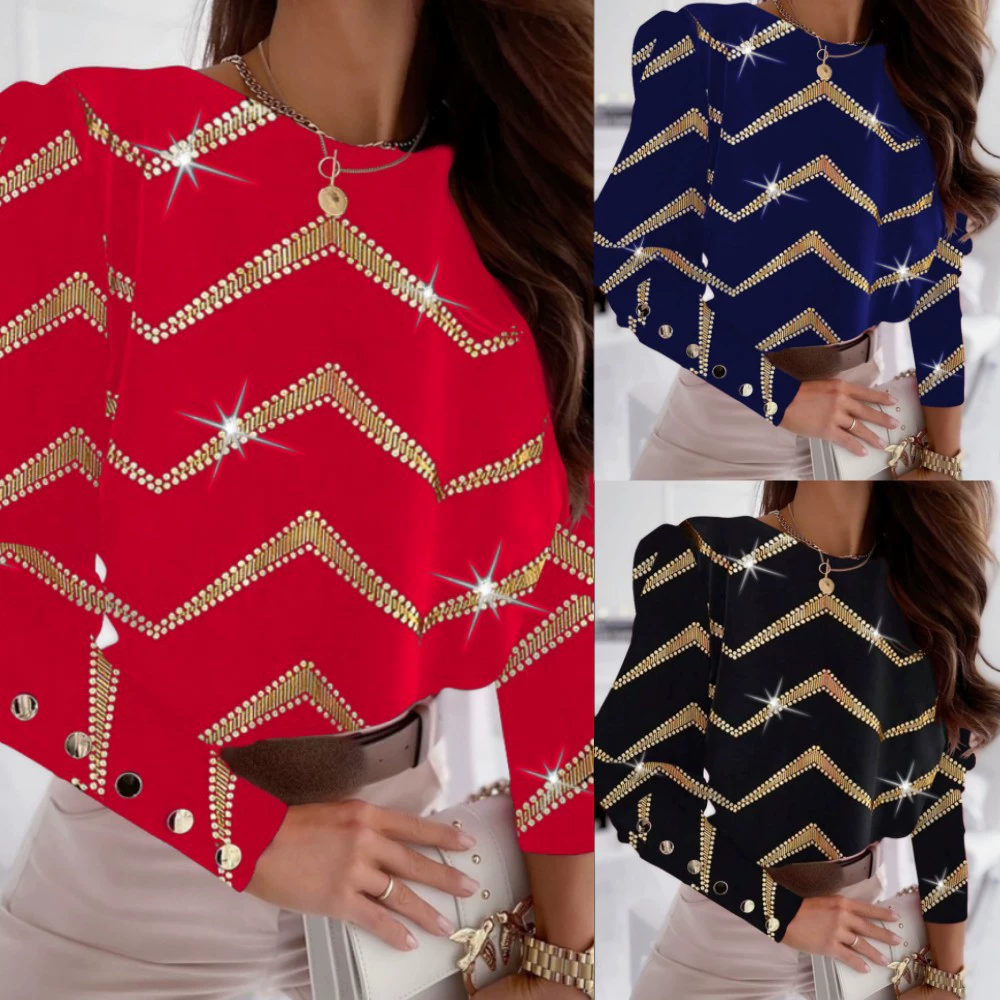 2023 Независимая станция желает Amazon популярной осенне-зимней модной рубашки с длинным рукавом и круглым вырезом с принтом для женщин