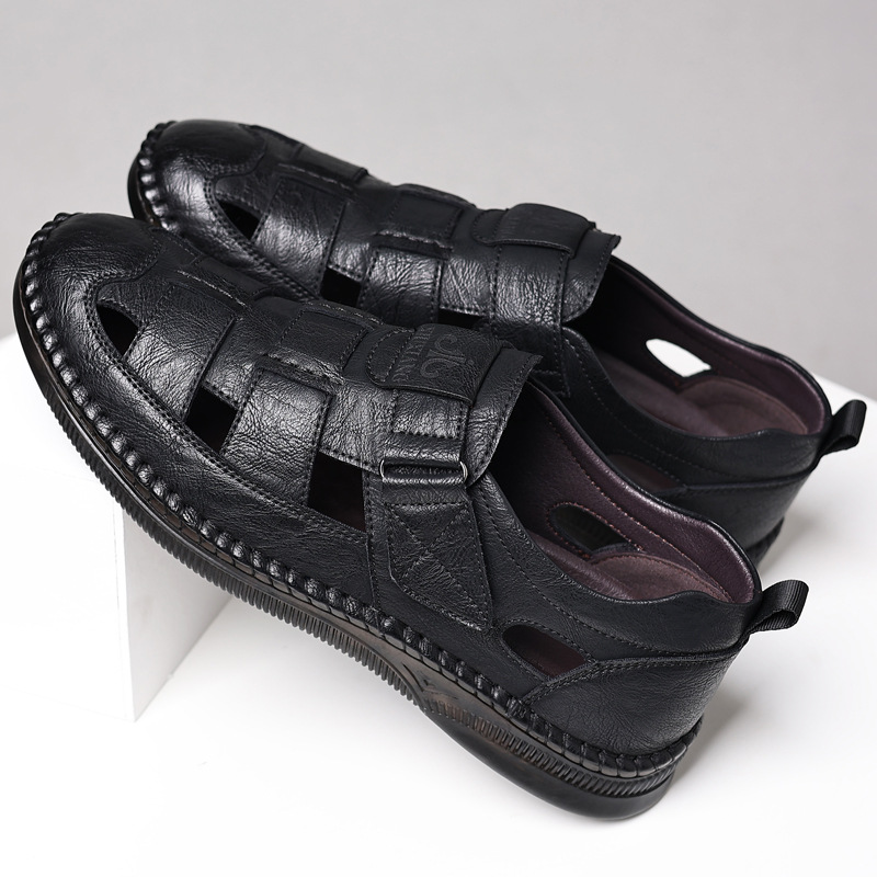 Herren Leder Sandalen Mit Klettverschluss Für Den Sommer_voghion.com