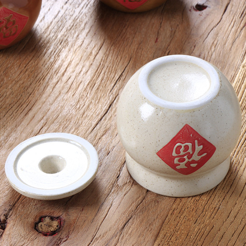 特色土陶带盖福字小罐 复古炖盅家用商用调料罐油盐辣椒调味瓶罐