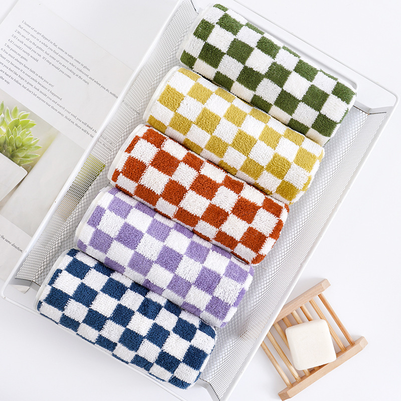 Coral Velvet Checkerboard Bath Towel Wholesale, Adult Absorbent, Quick-Drying, Sweat-Wiping, Soft, Household Face Towel, Factory Direct Sale
