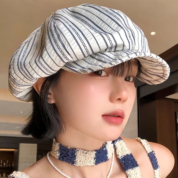 レトロストライププリーツベレー帽女性の春と夏のニッチ不規則な大きな頭囲顔を小さくする日焼け止め画家の帽子|undefined