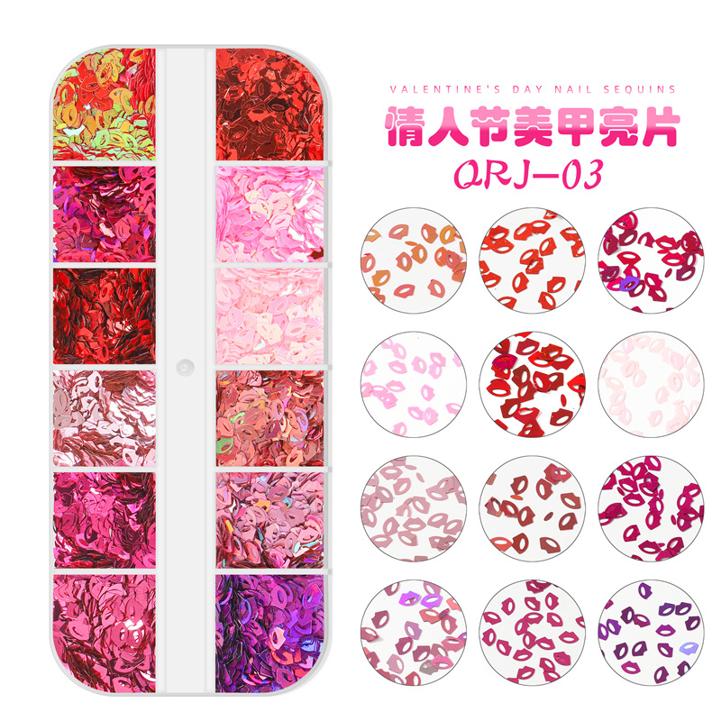 Transfronterizo nuevo día de San Valentín lentejuelas de uñas 12-rejilla caja larga corazón labio letras lentejuelas de uñas Decoración