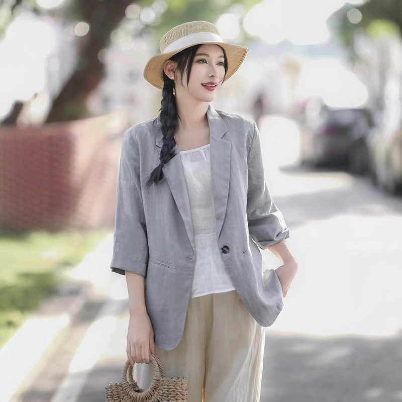Ancient Cafe Clothing Spring New Linen Small Suit Simple One Button Jacket Women's Solid Color Loose Elegant Cardigan