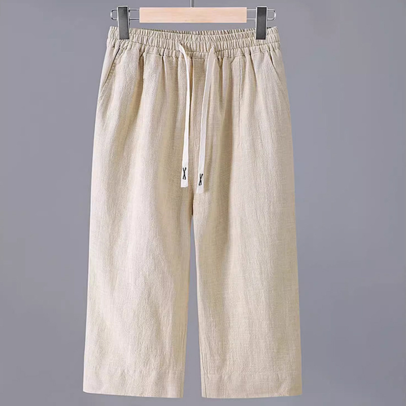 Men's Summer Thin Quick-Dry Ice Silk Cropped Pants Casual Loose Cotton-Linen Shorts