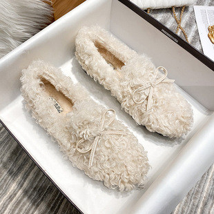 Korean Style New Style Mao Mao Shoes Women's plus size Cotton Shoes for Autumn and Winter Flat Lamb Wool fleece-lined Bow Doudou Shoes