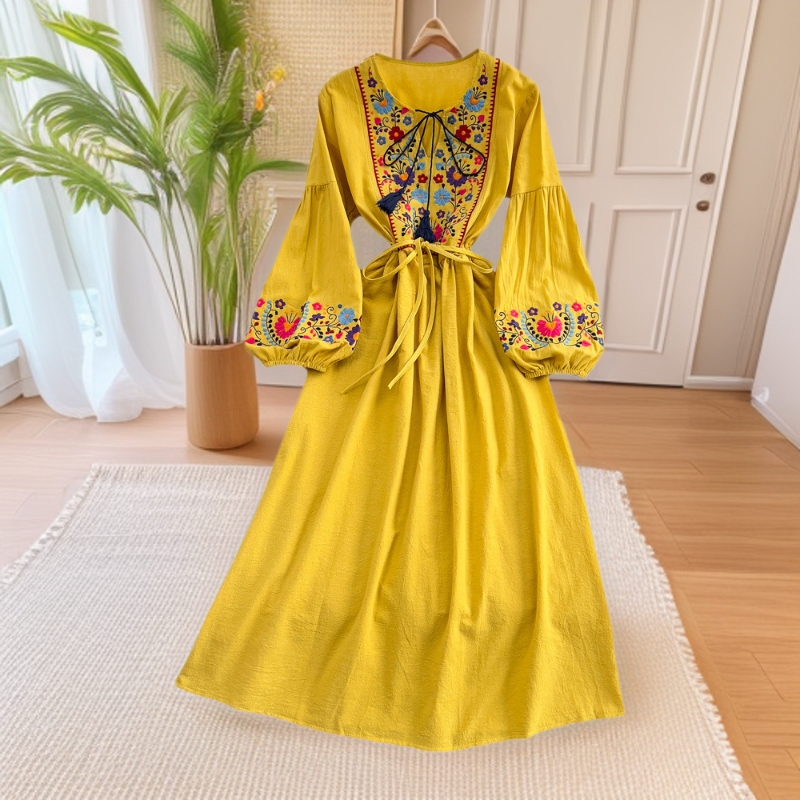 Bohemian Embroidered Tassel Tie Waist Loose A-Line Flared Dress for Beach Vacation Bohemian Embroidered Tassel Tie Waist Loose A-Line Flared Dress for Beach Vacation
