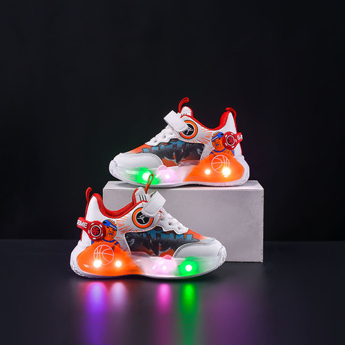 Children's LED Light-Up Sneakers for Spring and Autumn, Net Fabric Breathable Basketball Sports Casual Shoes for Young Children