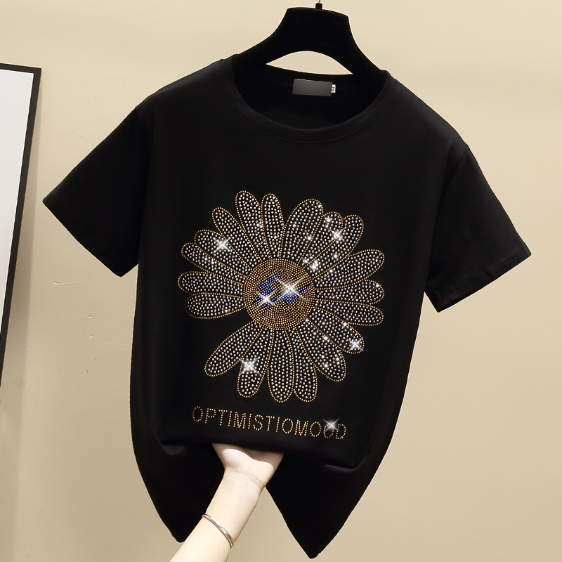 Women's Clothing Combed cotton ins heavy industry hot diamond loose t shirt women's short sleeves summer Internet celebrity Daisy large version sun_voghion.com