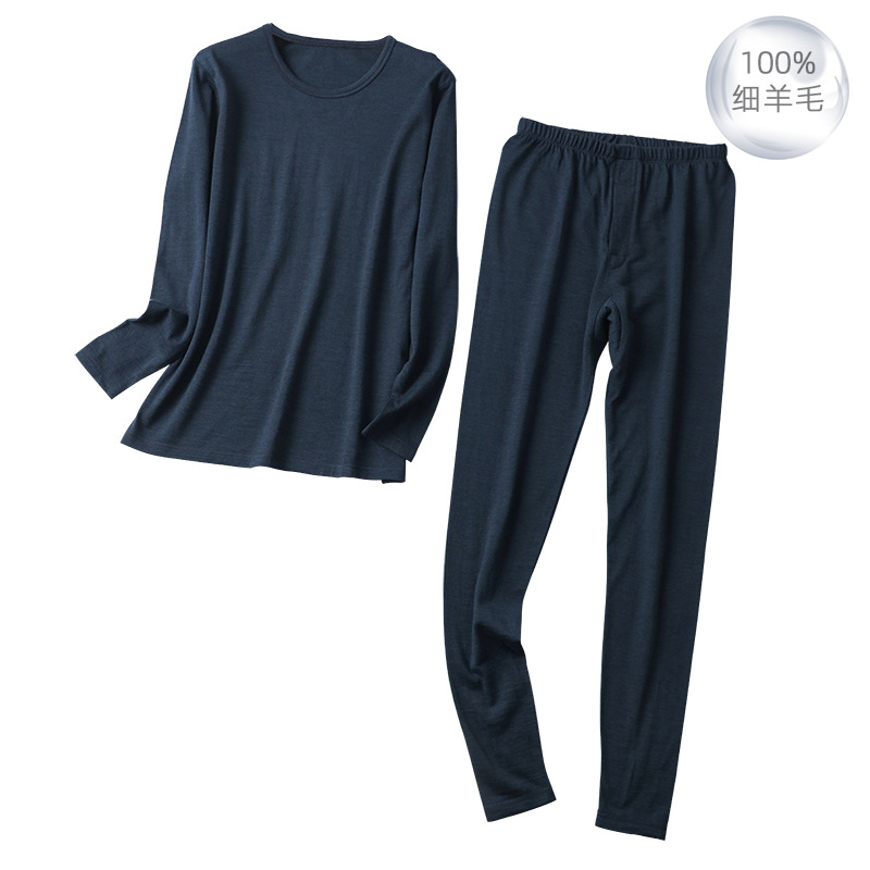 Autumn and Winter thickened men's wool thermal underwear solid color round neck pullover pajamas long sleeve bottoming autumn clothes long pants suit