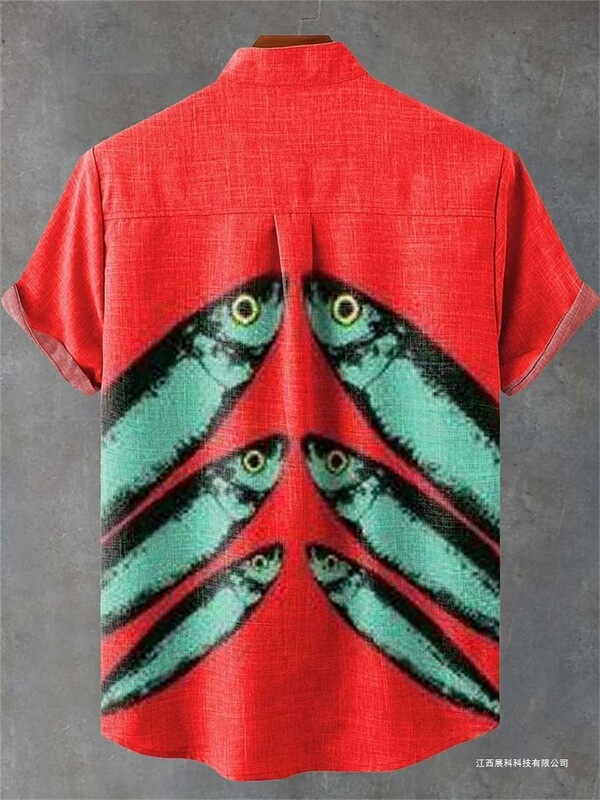 Men's Short-Sleeve Summer Shirt, Fishing Fan Fashion Clothing, Fish Print, Comfortable Linen Fabric, New Collection Men's Short-Sleeve Summer Shirt, Fishing Fan Fashion Clothing, Fish Print, Comfortable Linen Fabric, New Collection
