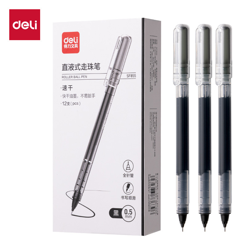 DeLi SF855 pluma de movimiento de perlas líquida directa, pluma negra neutra de secado rápido de 0.5 mm, pluma de carbono de gran capacidad