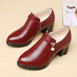 Zapatos de mamá zapatos de una sola capa zapatos de mujer cuero suave inferior suave tacón medio primavera y verano de mediana edad y ancianos Punta redonda cómodos zapatos de cuero de tacón grueso
