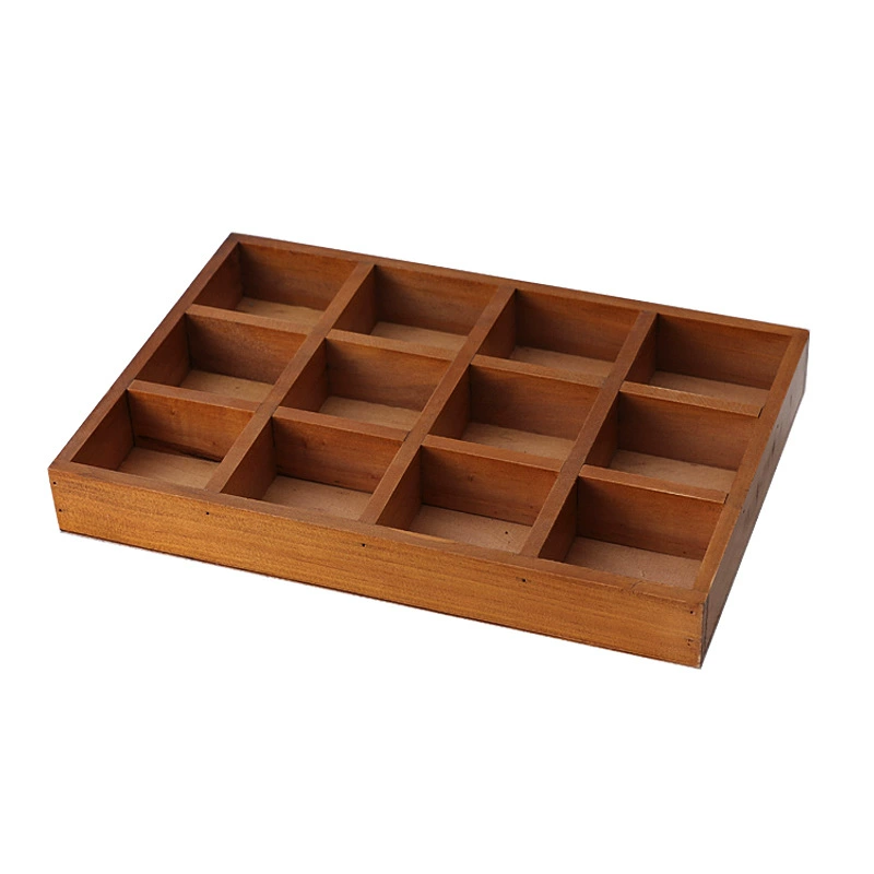 Retro Solid Wood Cosmetic Storage Box, Multi-Compartment Organizer, Various Grid Sizes