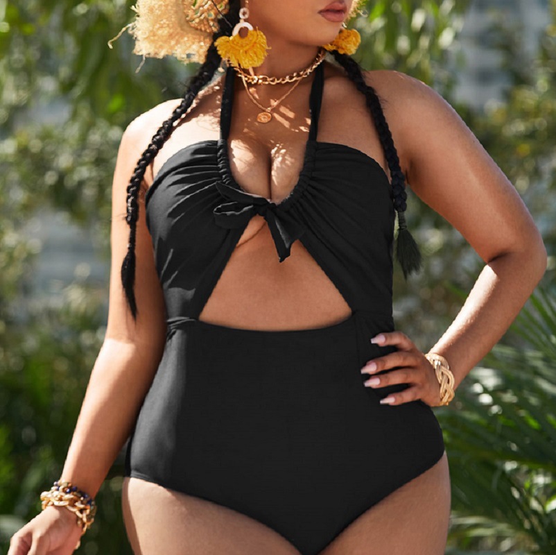 plus size solid color hollow halterneck swimsuit NSVNS117415