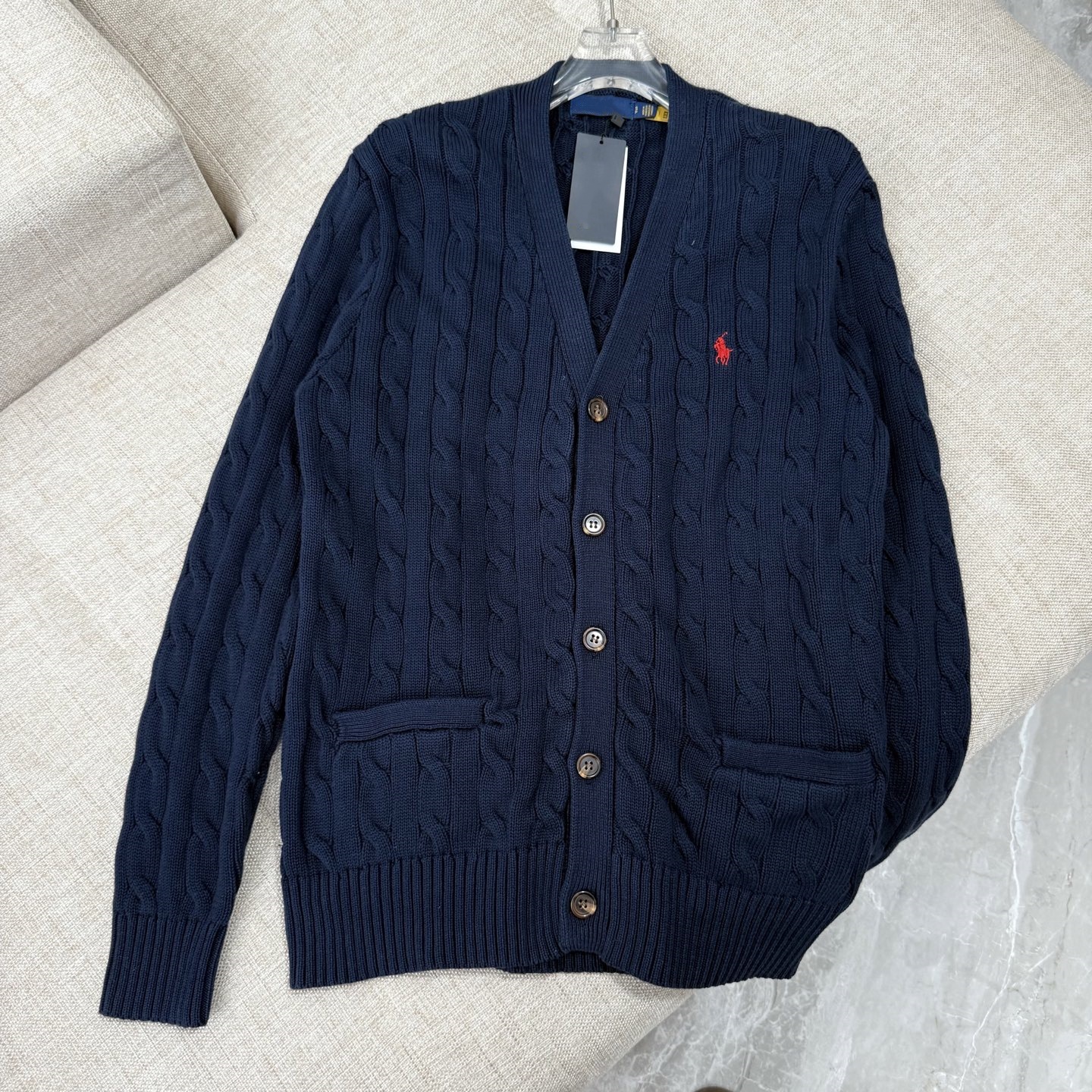 高品質/QRコードスキャン可能 RL ラフ ツイストVネックポケット付きニットカーディガン セーター クラシックベーシック カップルスタイル