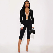 D9582亚马逊欧美热卖女装 时尚拼接衬衣翻领镂空七分连体裤套装