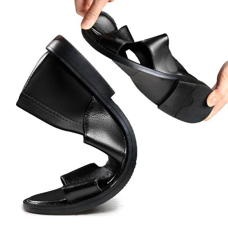Dép sandal nam da bò thật đế mềm chống trượt kiểu Birkenstock — màu đen