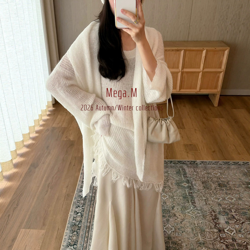 Margameng pullover with neck warmer, fringed mid-length wool top, 2026 autumn new pullover knit sweater for women Margameng pullover with neck warmer, fringed mid-length wool top, 2026 autumn new pullover knit sweater for women