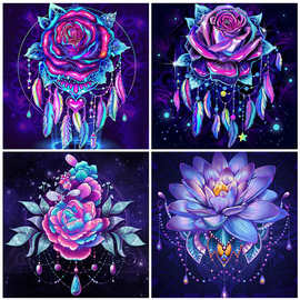 5D钻石画 羽毛风铃紫色玫瑰花和莲花diy贴钻装饰画亚马逊货源批发