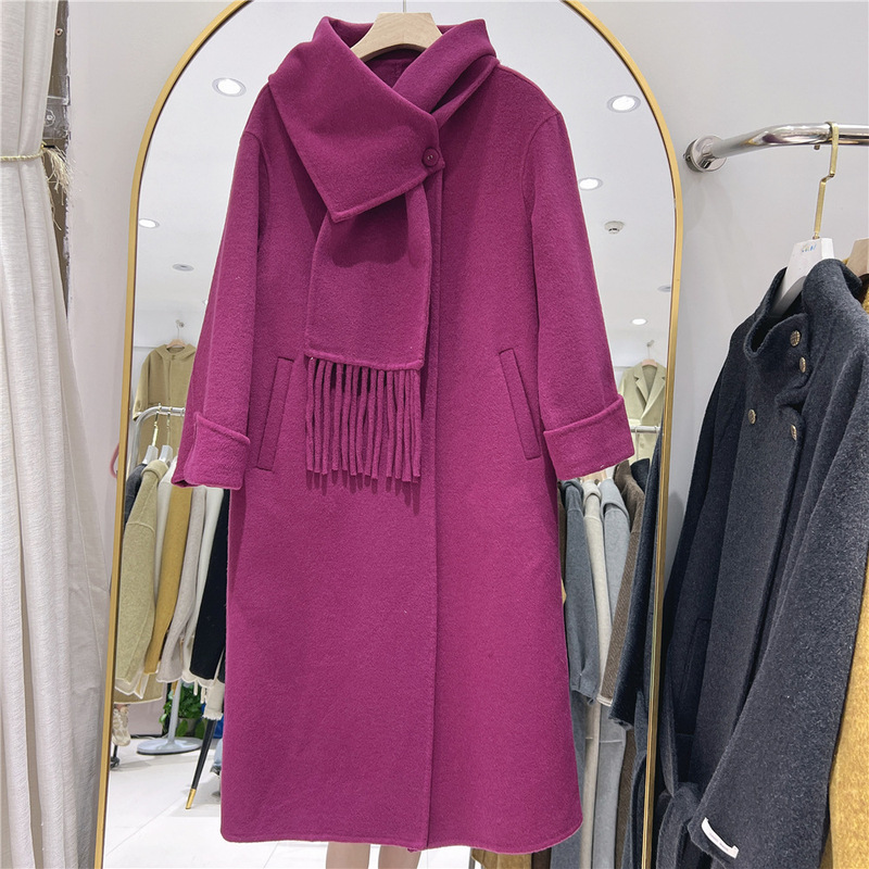 Scaro New Detachable Tassel Scarf Double-sided Cashmere Coat Women's Autumn and Winter Elegant Mid-length Wool Coat