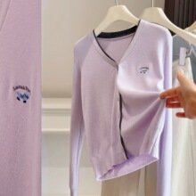 韩系纯色刺绣小马V领针织开衫女春季新款小个子短款上衣毛衣外套