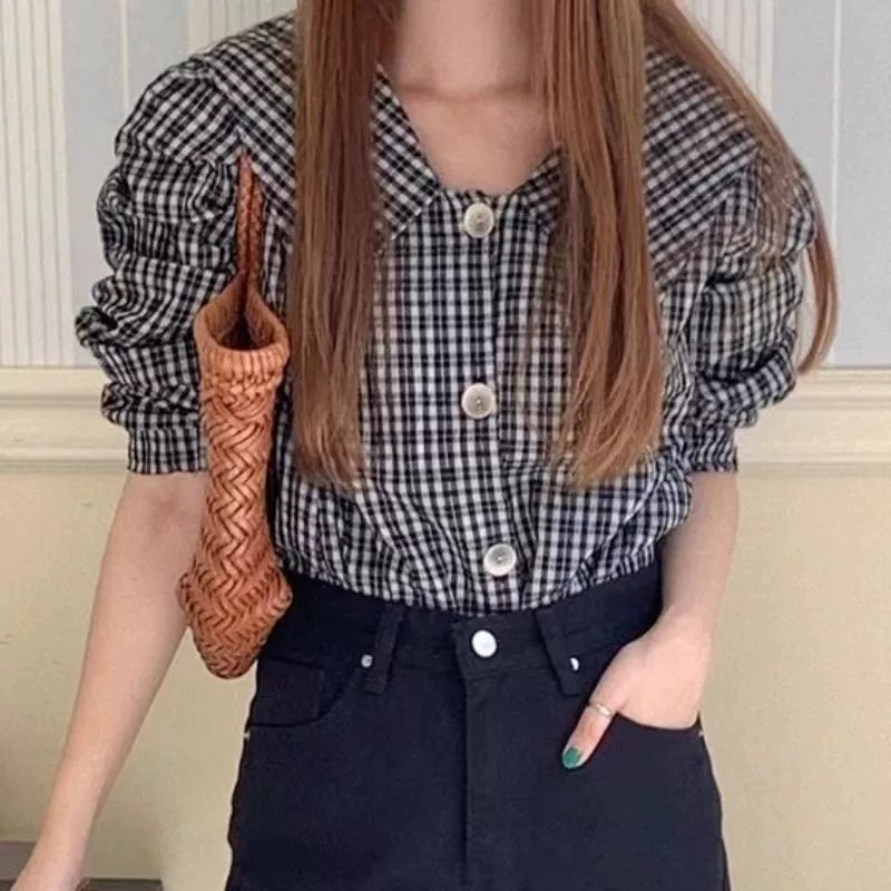 Корейские топы для женщин 2025 лето и осень новая мода ретро универсальные черно-белые клетчатые лацканы универсальные рубашки с длинными рукавами для женщин