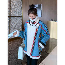 炸街加厚加绒牛仔羊羔毛外套女网红撞色拼接2024冬季新款潮机车服