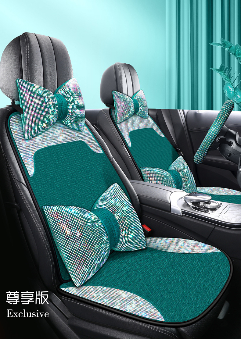 Women's Car Cushion Summer Cool Cushion High-end Atmospheric Full Diamond Car Seat Cushion Pink Four Seasons Universal Three-piece Set