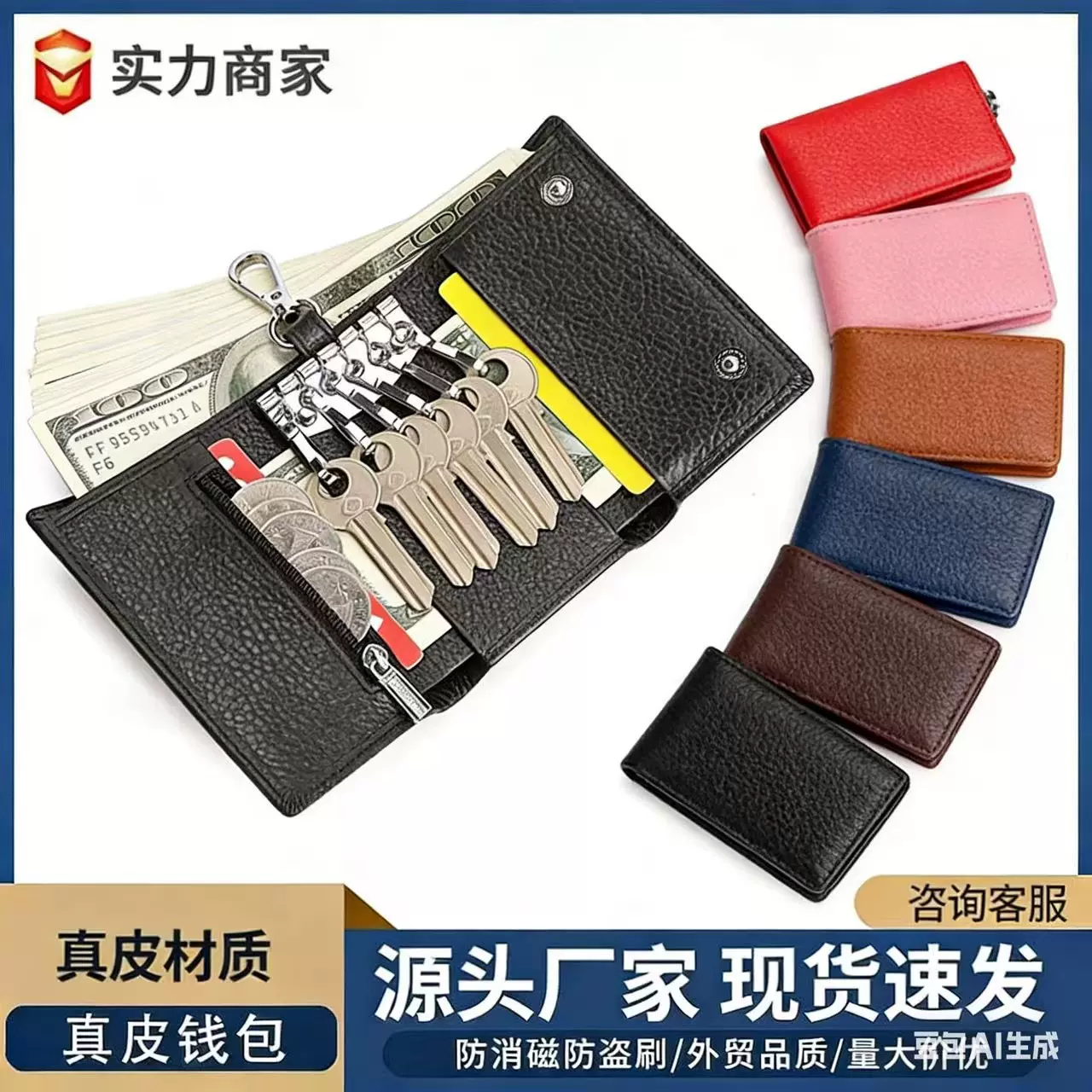 跨境2024新款真皮钥匙包头层牛皮多功能一体匙扣包简约卡袋零钱包