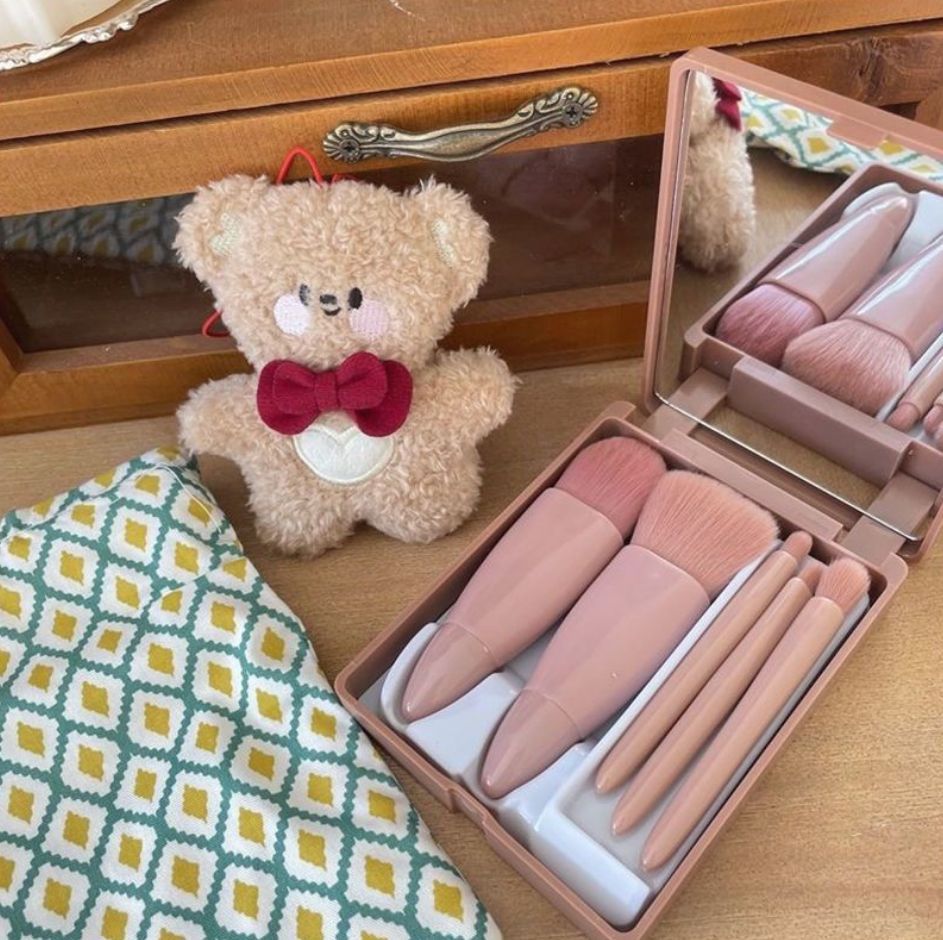5-piece makeup brush set, eyeshadow, blush, lip brush, loose powder brush, portable with mirror, beauty tools for cross-border use undefined