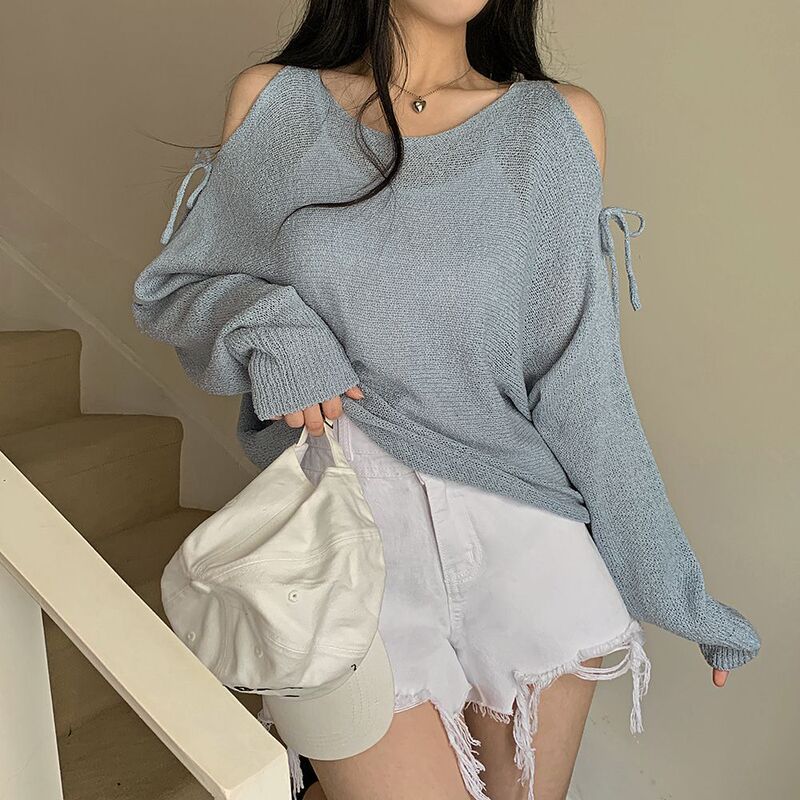 2026 Korean Style Loose See-Through Shoulder Slit Booklet Long-Sleeve Knit Sweater Versatile Top Drop Shoulder Sleeve Sweater for Women