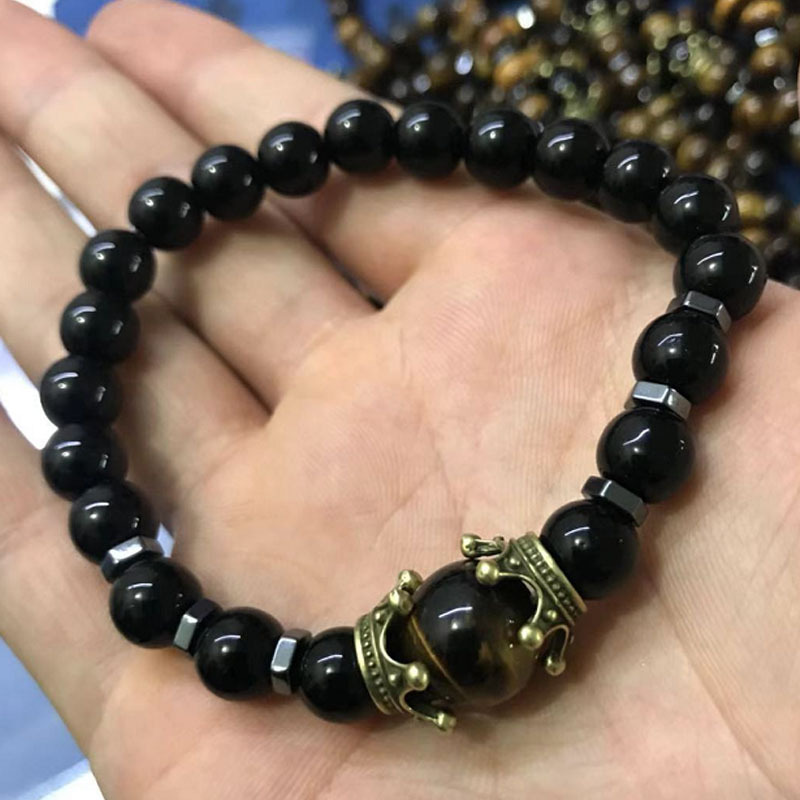 跨境新款男士手链时尚奢华合金皇冠虎眼石珠子弹力手串厂家批发|undefined